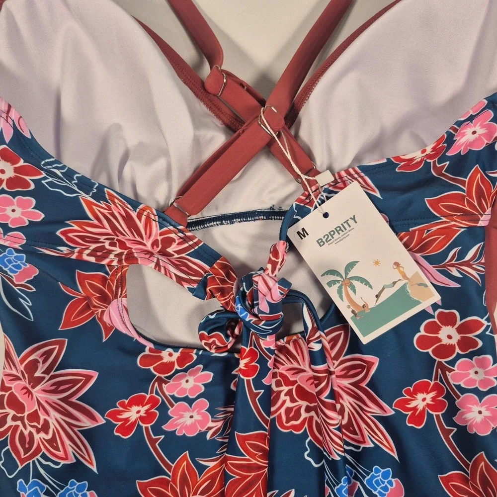 B2PRITY Women Floral One Piece Swimsuit Mauve‎ Navy V-Neck Ruched Size M New